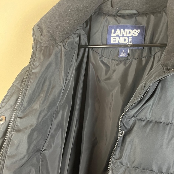 Lands end Womens Down Feather Puffer Jacket Sz Large Navy Blue Zip Button - Picture 4 of 8
